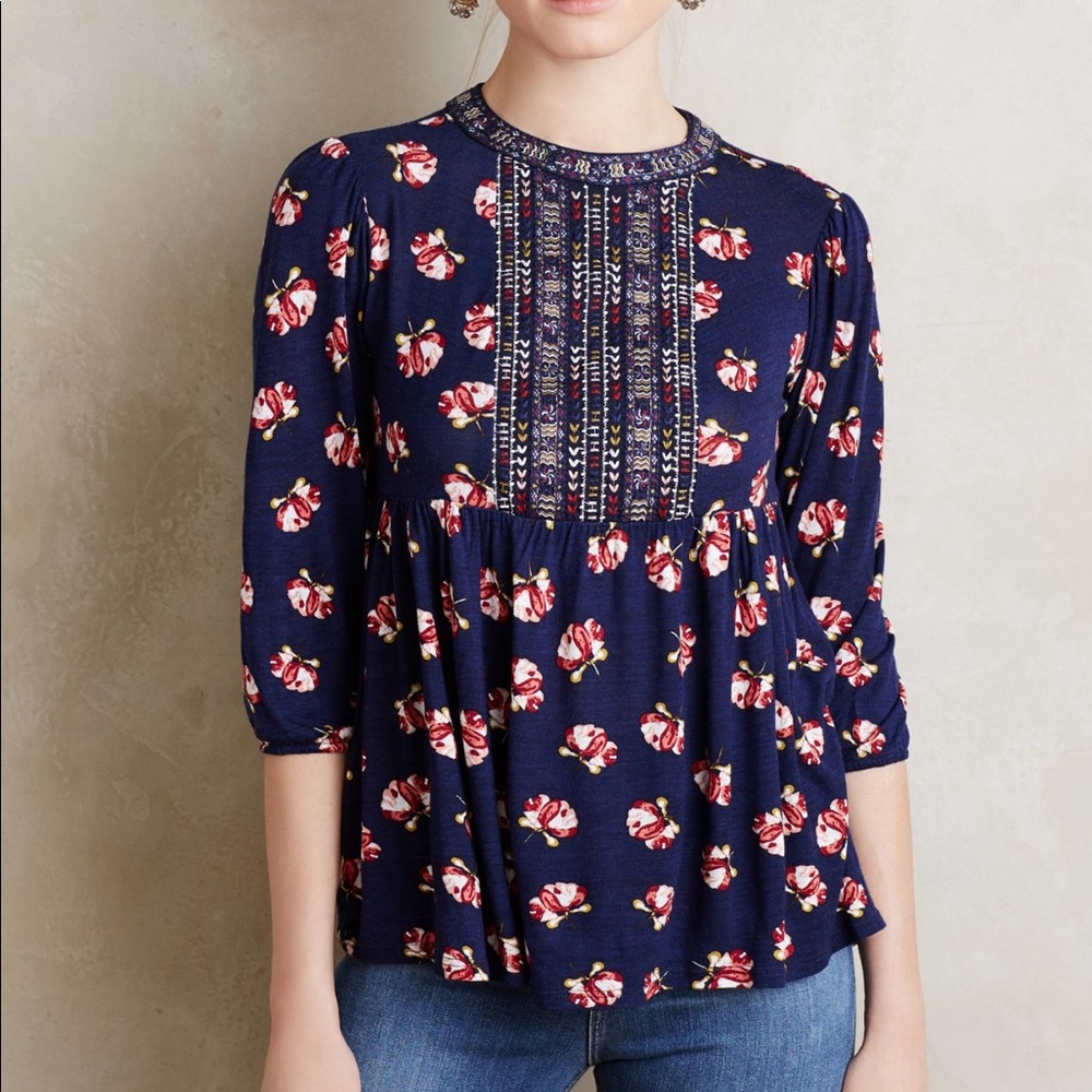 Anthropologie Navy Floral Embroidered Peasant Tunic